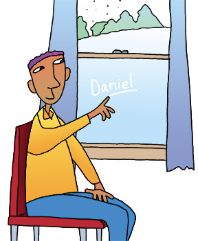 男孩在结霜的窗户上写名字的插图＂title=