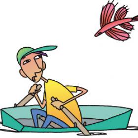 一条飞鱼在划船上跳过一个男孩的插图
