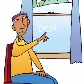 男孩的插图在一个冷淡的窗口写自己的名字
